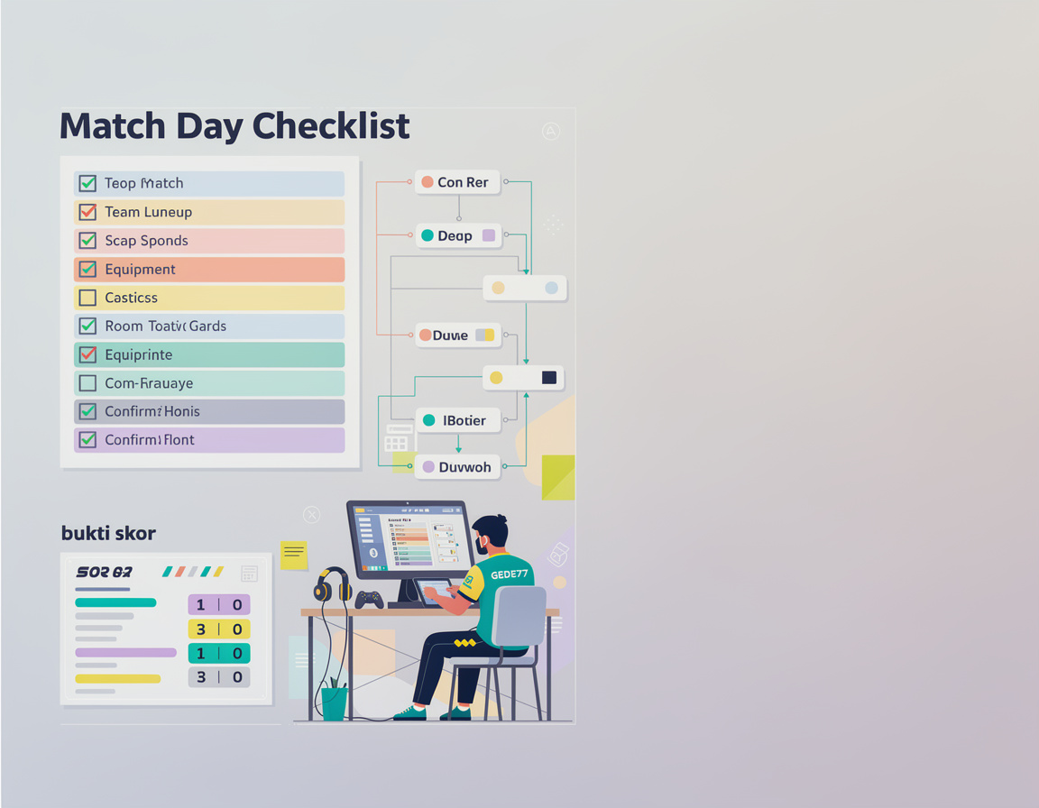 Ilustrasi checklist match day GEDE77 dengan bracket, room match, dan bukti skor